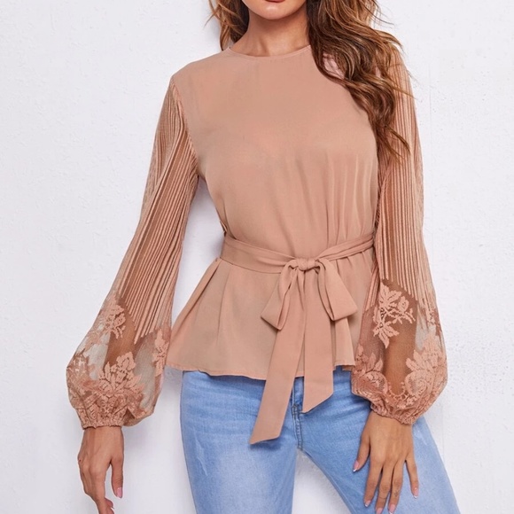 BellanBlue Tops - Boho Floral Sheer Sleeve Belted Blouse